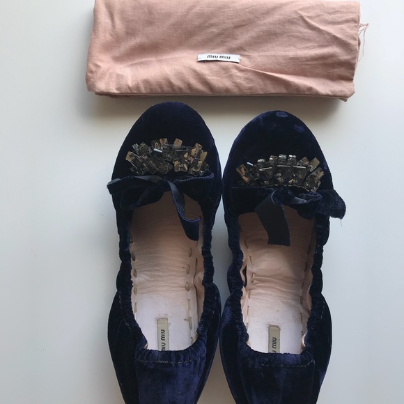 Miu Miu Deep Blue Velvet Flats - Picture 2 of 5